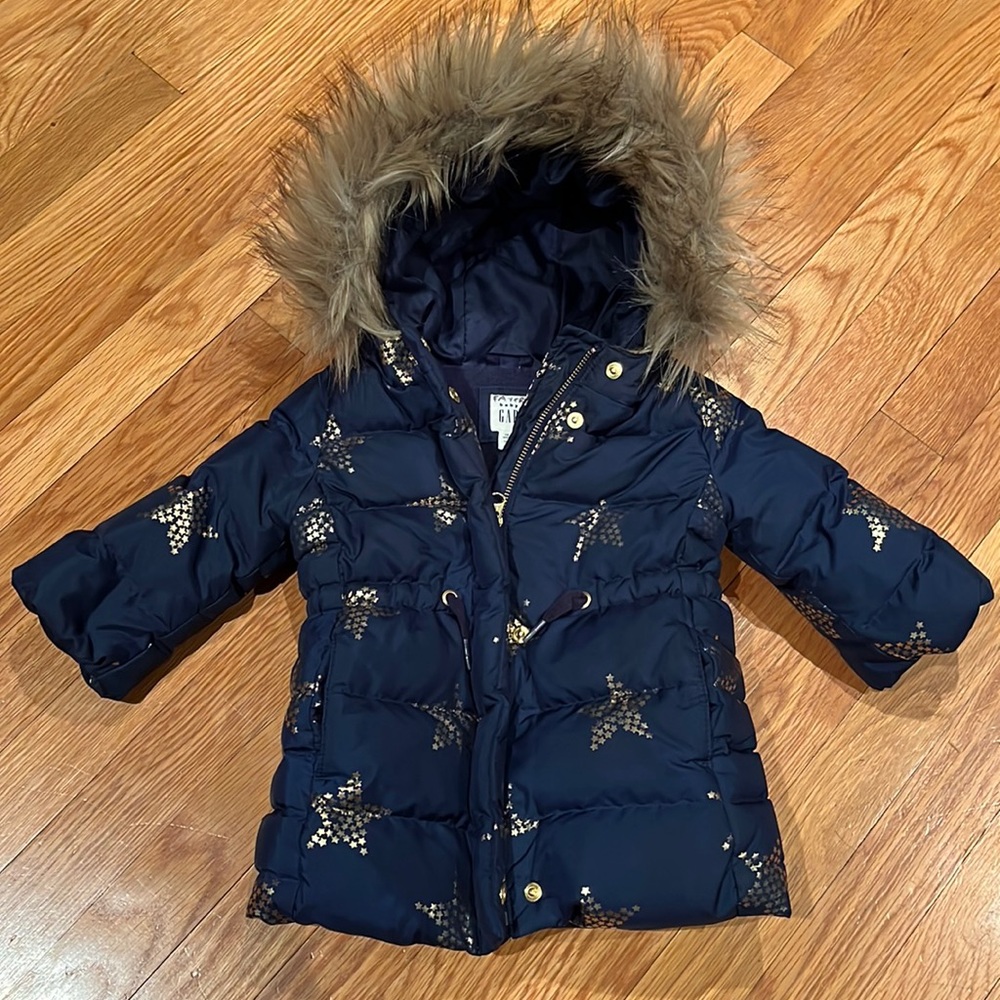 Gap Baby Girl Hooded Puffer 12-18 mos. Navy with Good Stars and Hardware.